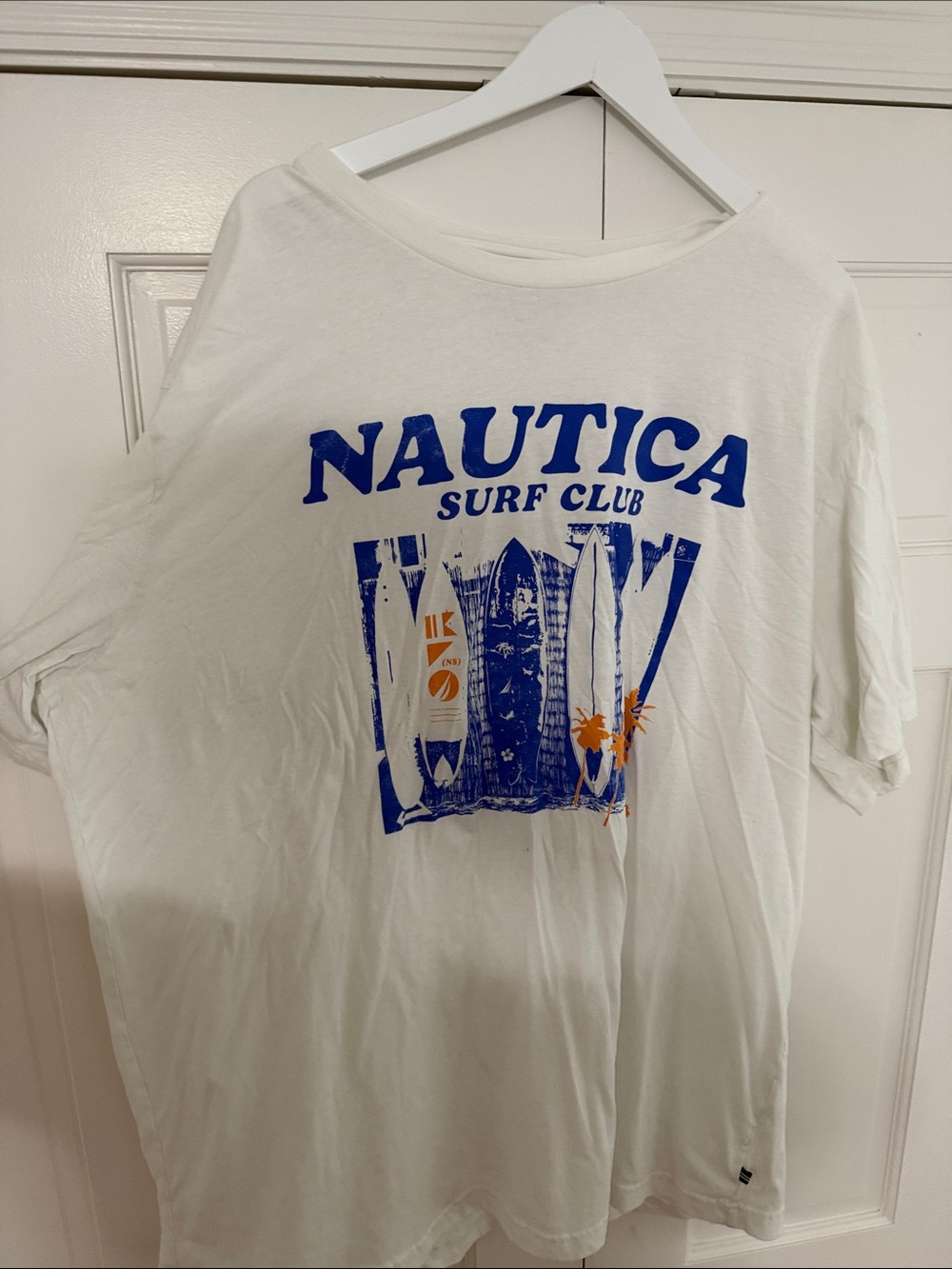 Nautica White Tee with Blue Surf Club Graphic and Orange Accents